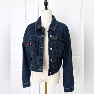 Cropped Dark Wash Denim Jacket with Heart Embroidery | Button Front